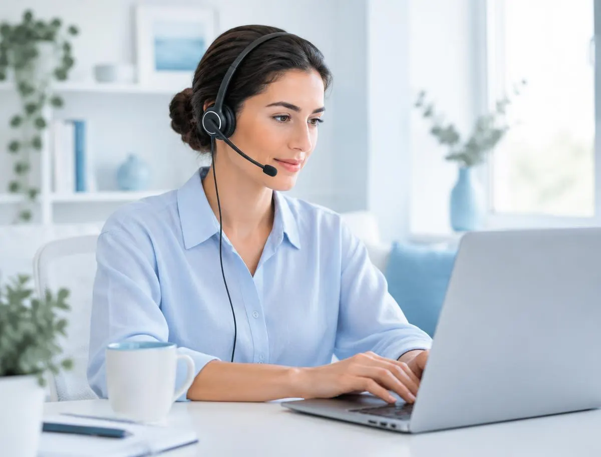 A remote interpreter working with a headset at a laptop