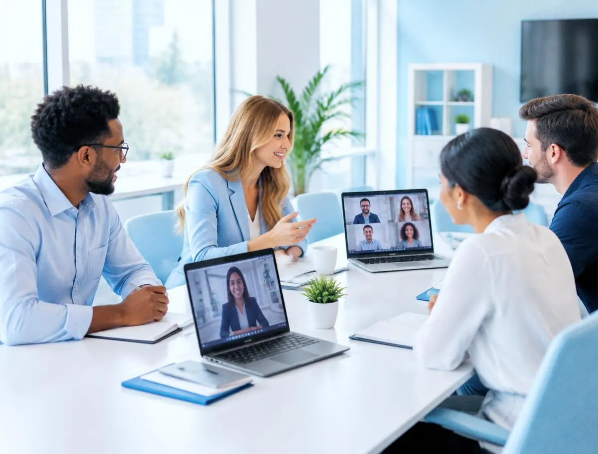 A team collaborating in a bright office