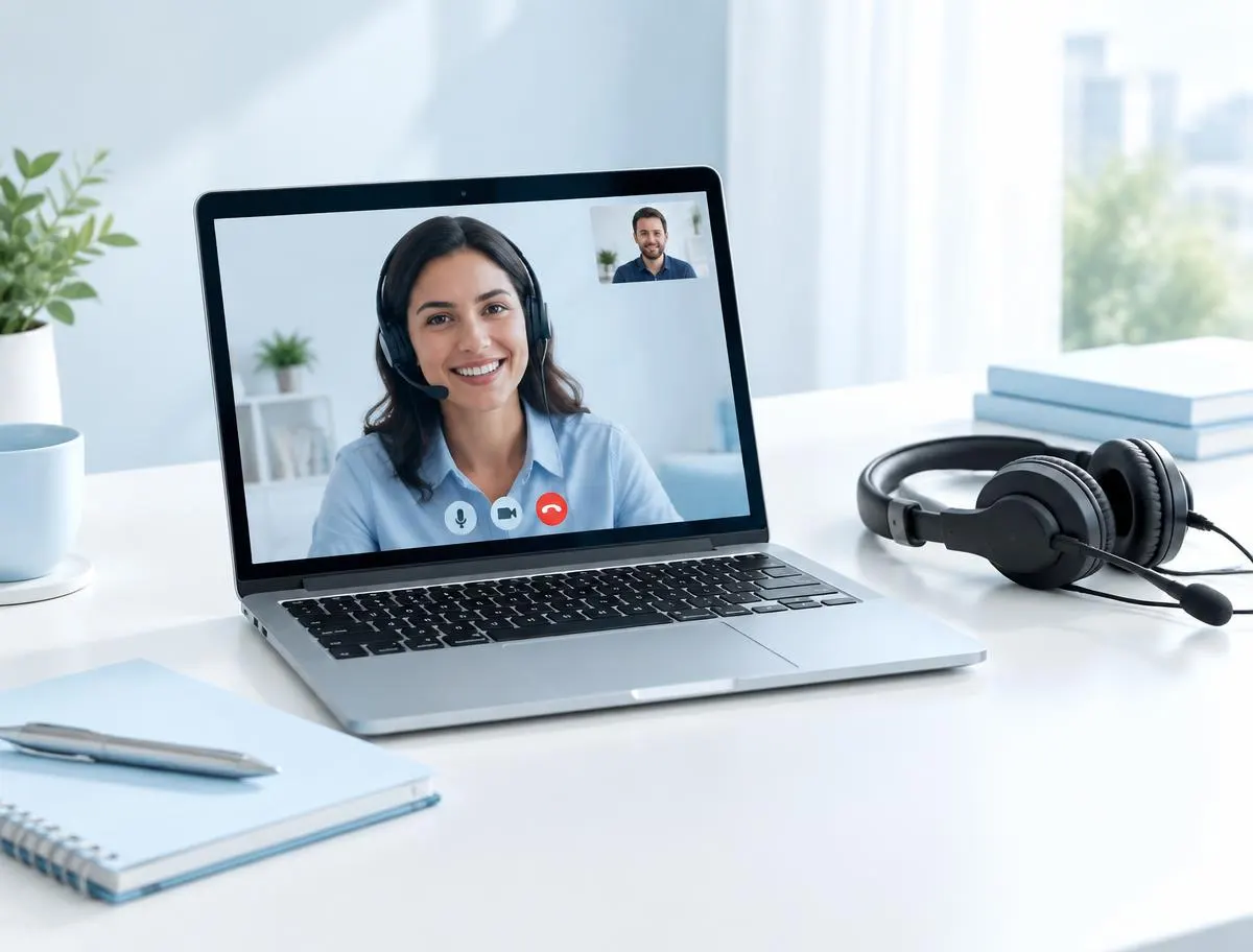 A video remote interpreting session on a laptop